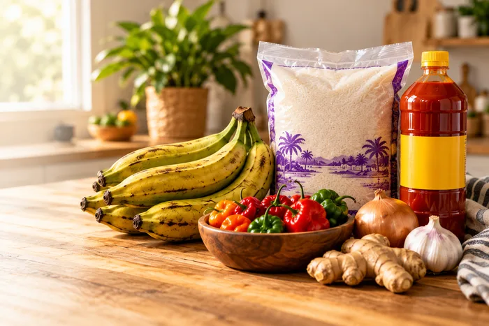 Plantains, rice, palm oil and fresh vegetables ready for a meal